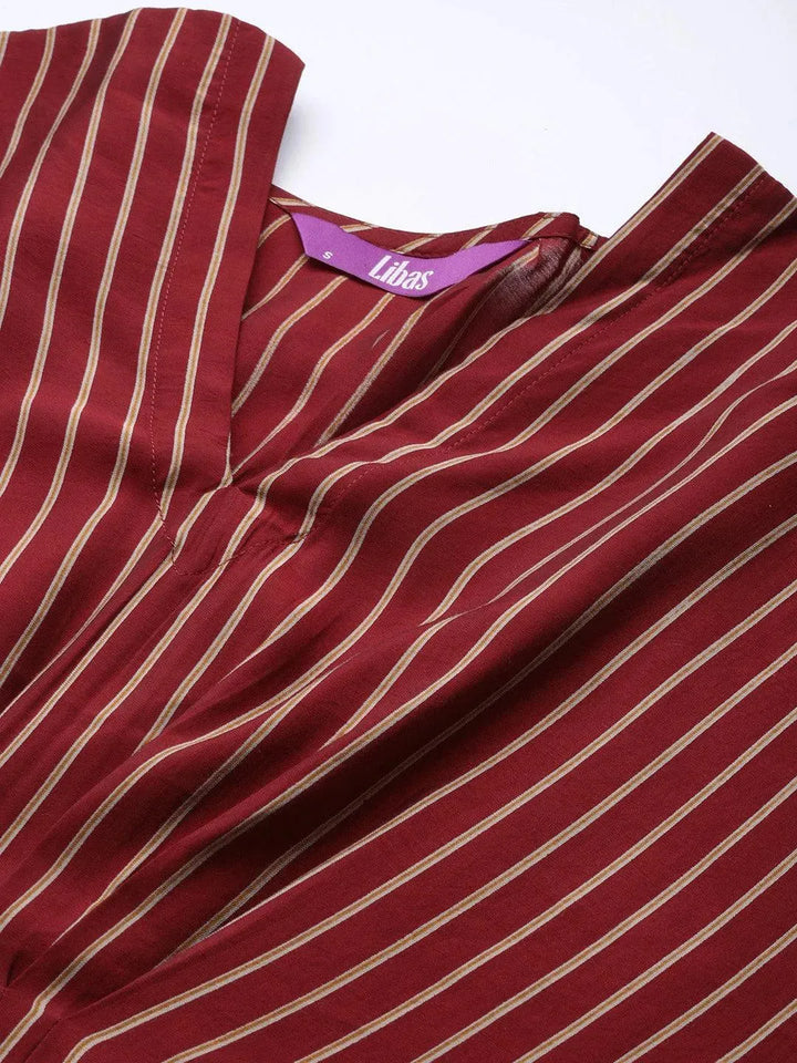 Maroon Striped Silk Dress - Libas