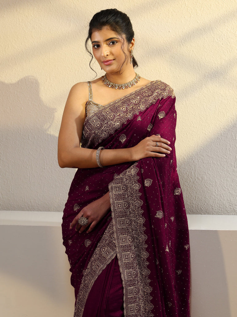 Libas Maroon Tissue Saree With Embellished Border