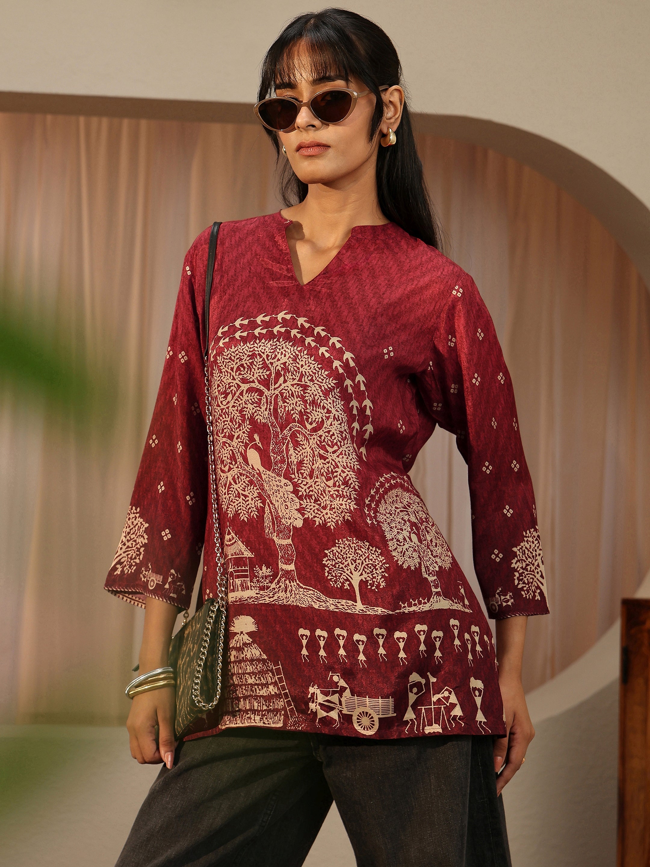 libas Maroon Tribal Printed Muslin Straight Short Kurti-picture-61