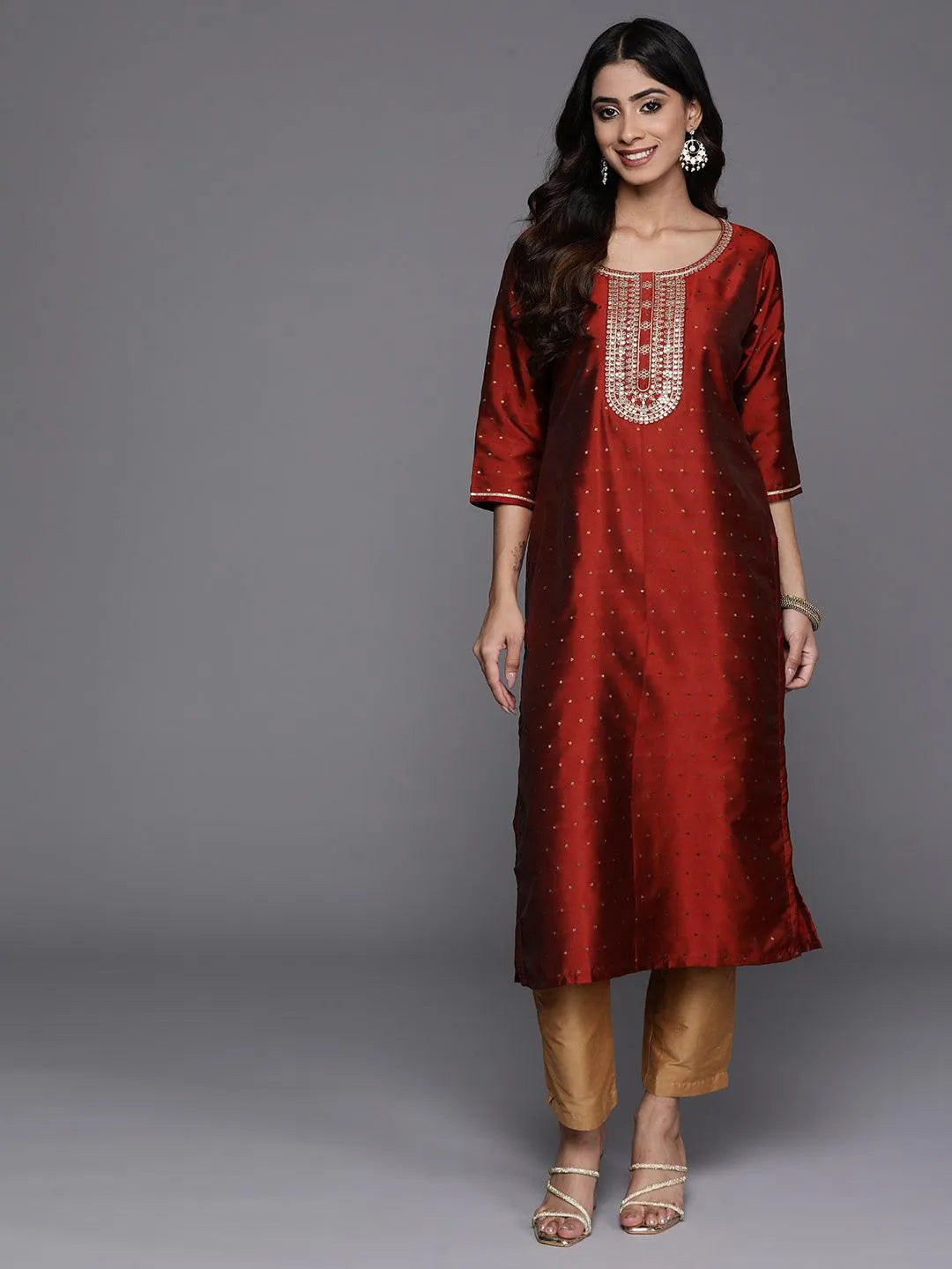 Maroon Woven Design Art Silk Straight Kurta - Libas 