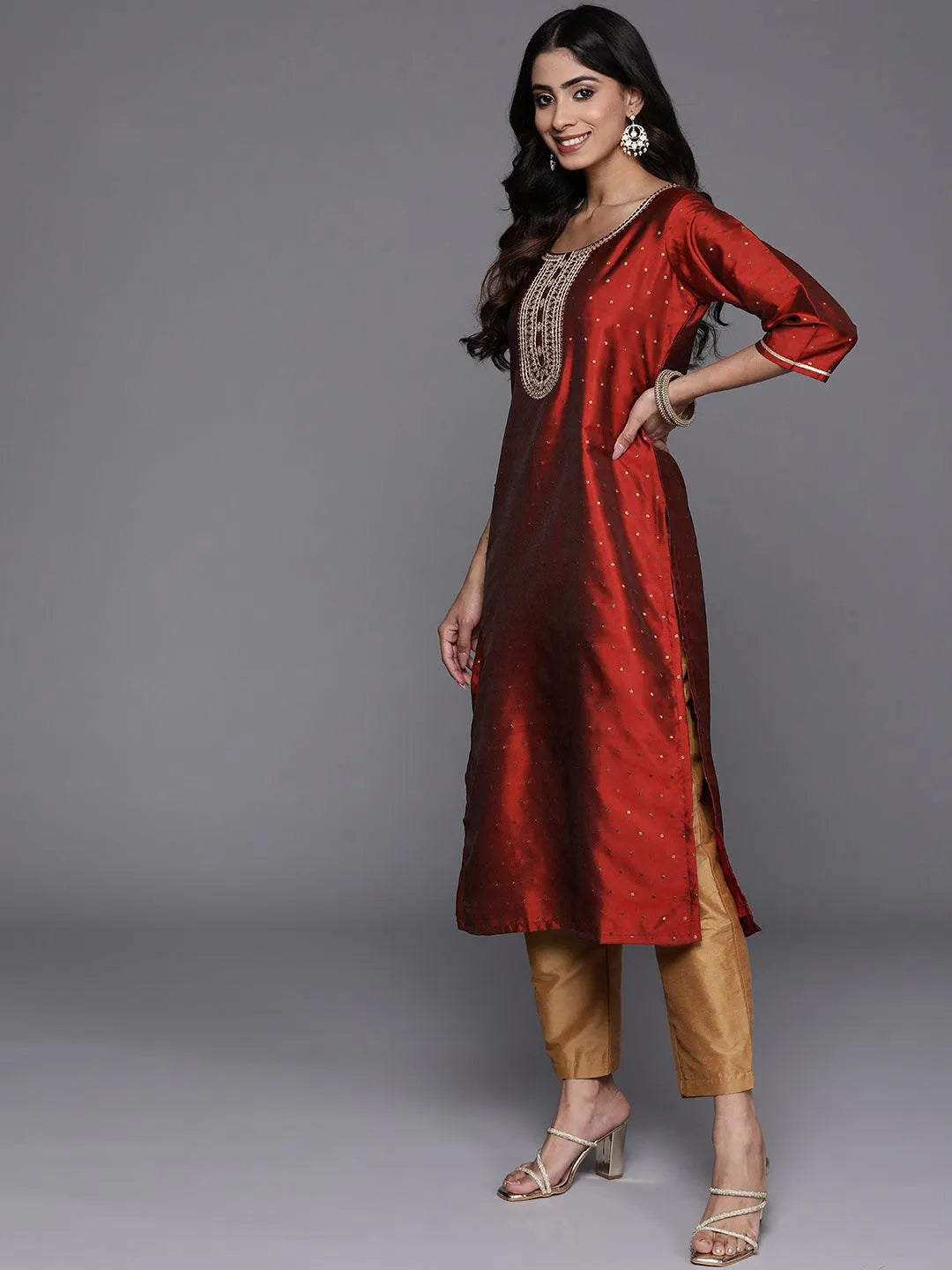 Maroon Woven Design Art Silk Straight Kurta - Libas 