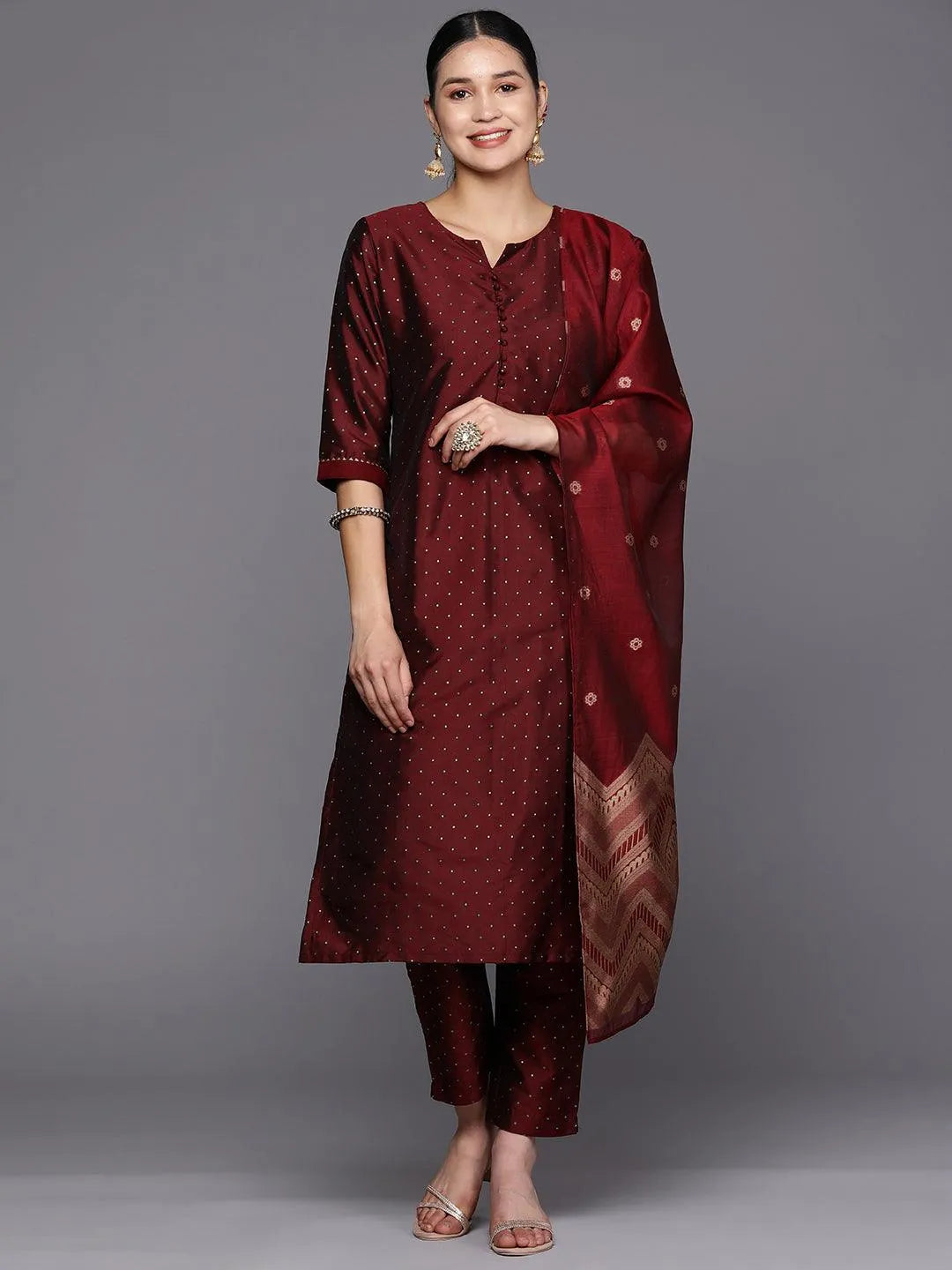 Maroon Woven Design Art Silk Straight Suit Set With Trousers - Libas