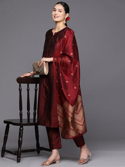 Maroon Woven Design Art Silk Straight Suit Set With Trousers - Libas