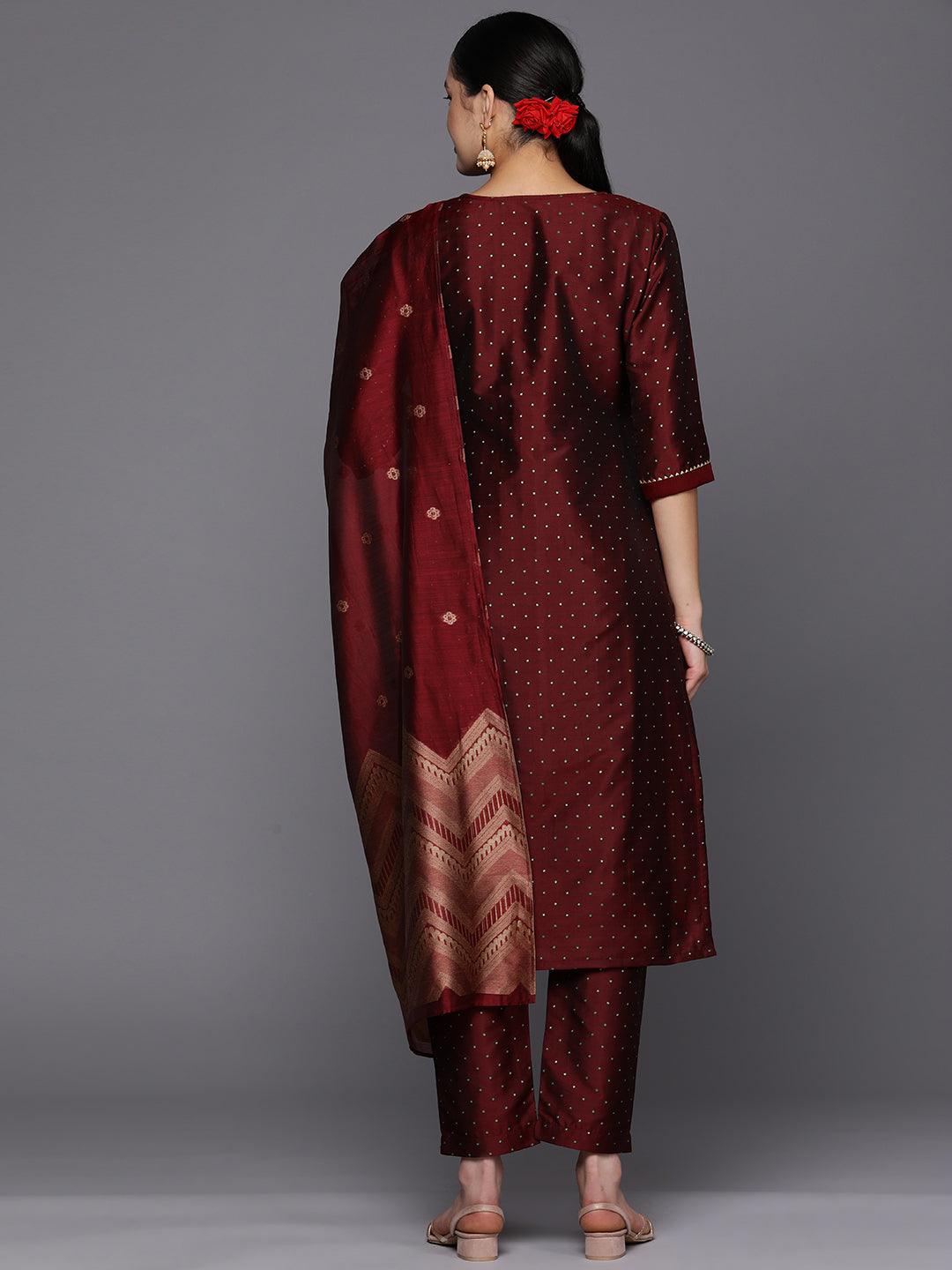 Maroon Woven Design Art Silk Straight Suit Set With Trousers - Libas