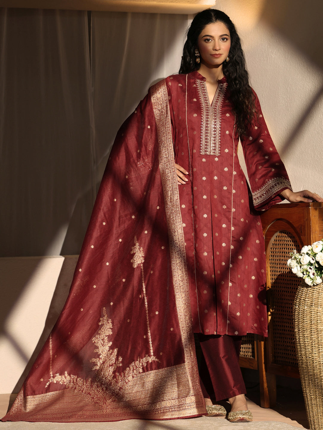  Maroon Woven Design Chanderi Silk A-Line Suit Set 