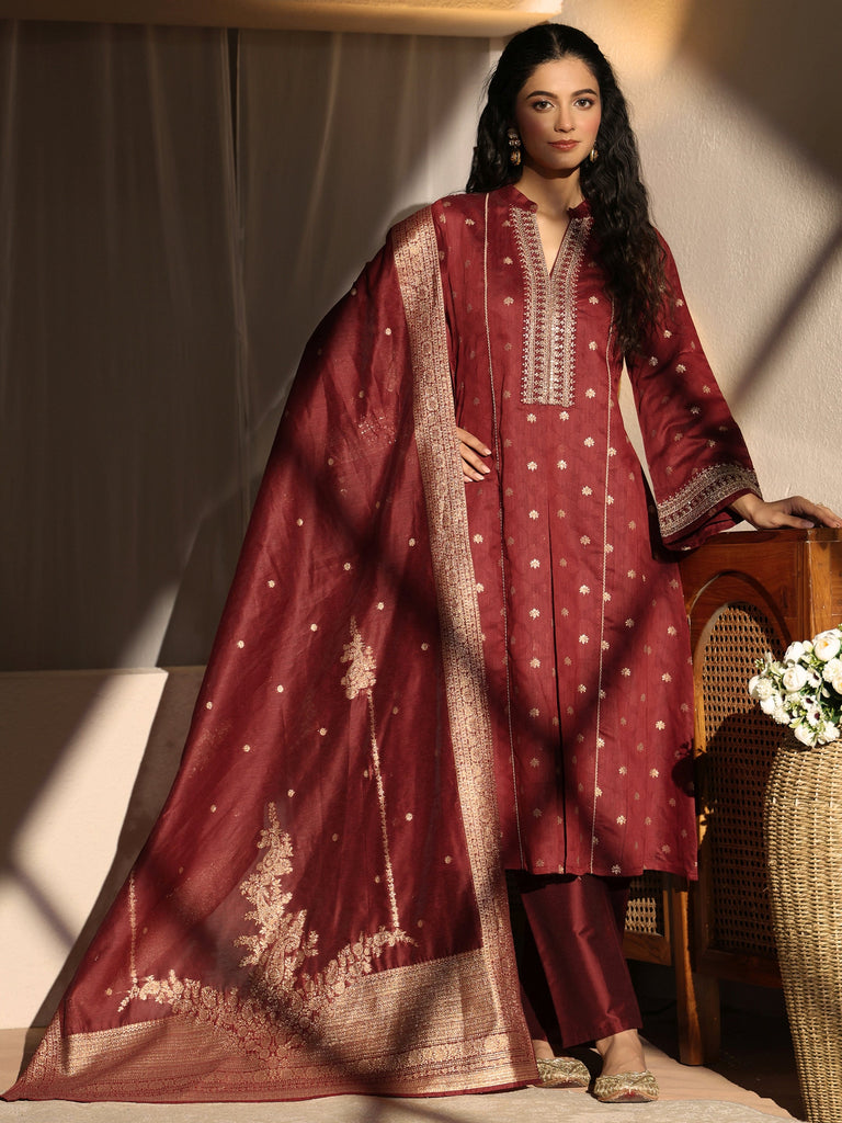 Libas Maroon Woven Design Chanderi Silk A-Line Suit Set