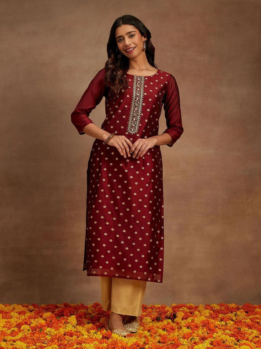 libas Maroon Woven Design Chanderi Silk Straight Kurta-picture-36