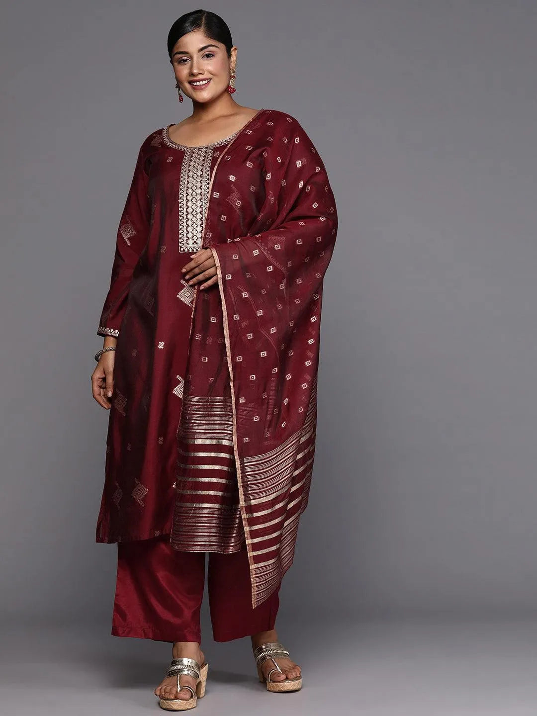 Maroon Woven Design Chanderi Silk Straight Kurta With Trousers & Dupatta - Libas 