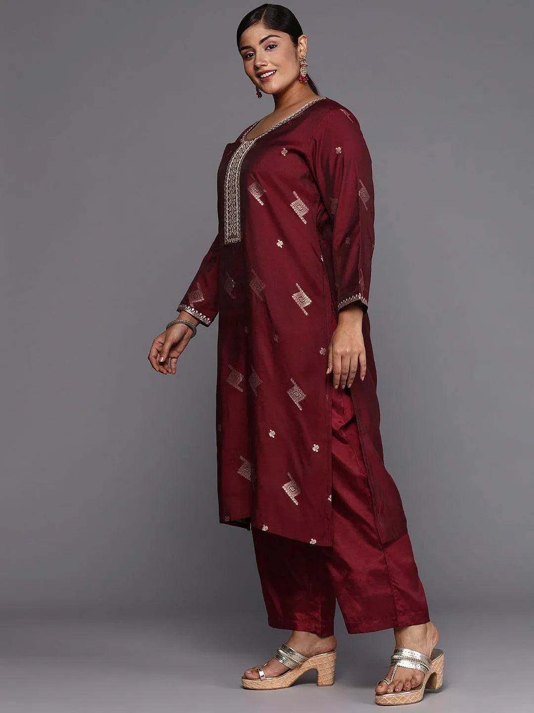 Maroon Woven Design Chanderi Silk Straight Kurta With Trousers & Dupatta - Libas 