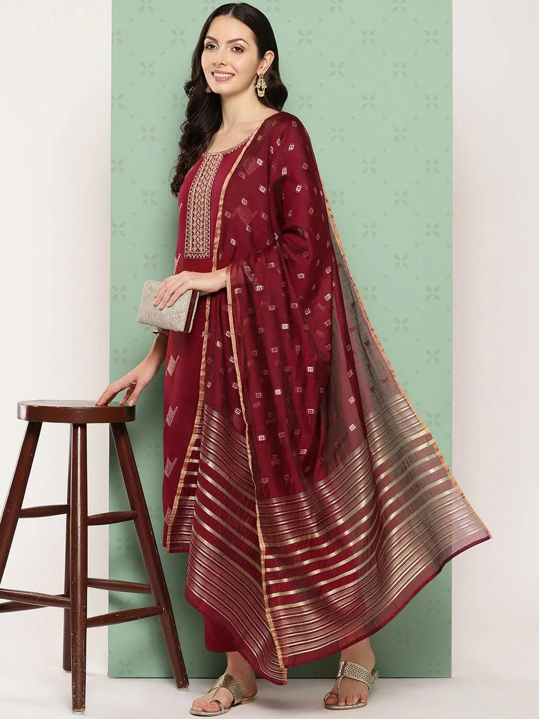 Maroon Woven Design Chanderi Silk Straight Kurta With Trousers & Dupatta - Libas 