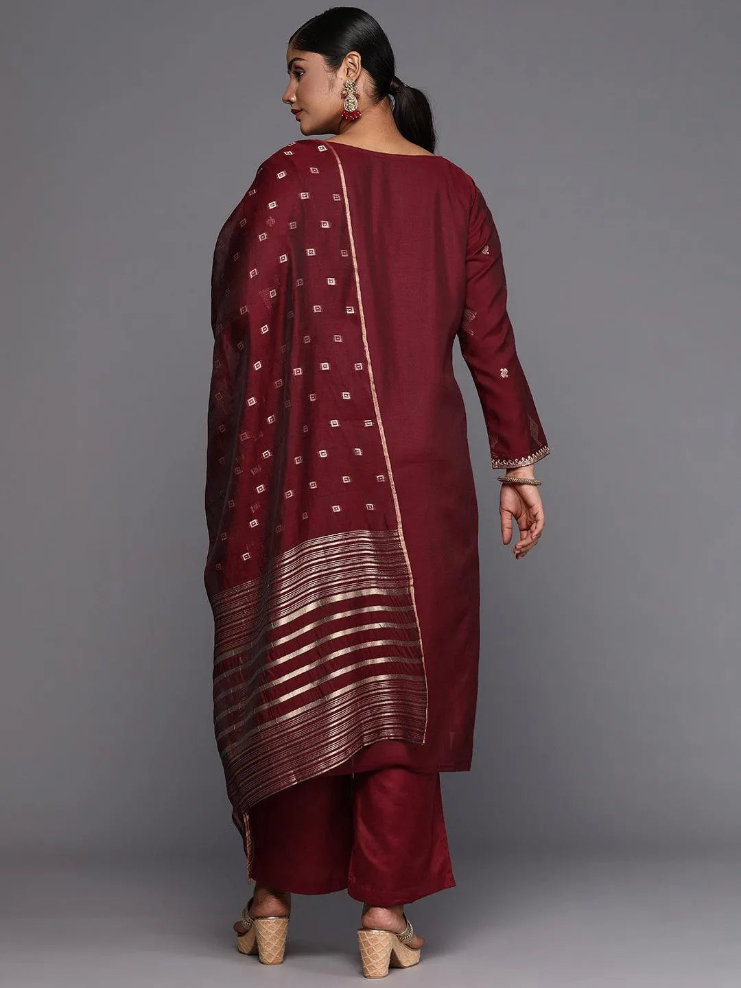 Maroon Woven Design Chanderi Silk Straight Kurta With Trousers & Dupatta - Libas 