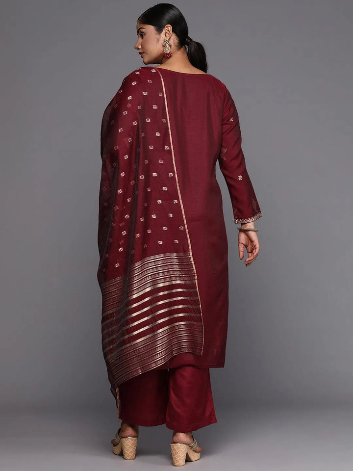 Maroon Woven Design Chanderi Silk Straight Kurta With Trousers & Dupatta - Libas