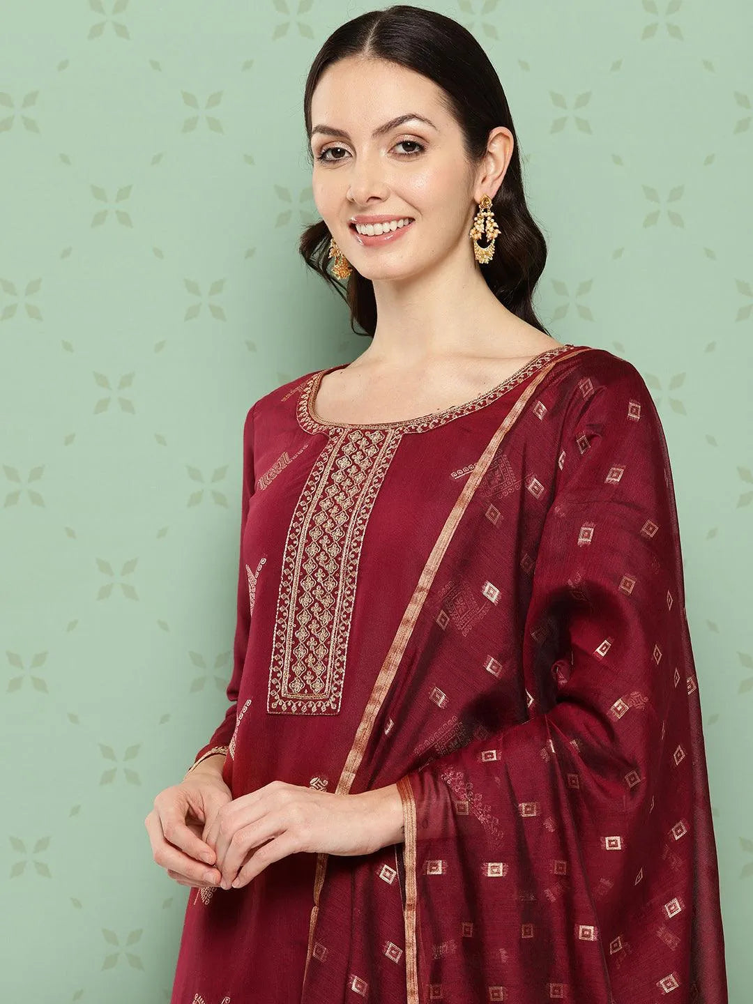 Maroon Woven Design Chanderi Silk Straight Kurta With Trousers & Dupatta - Libas 