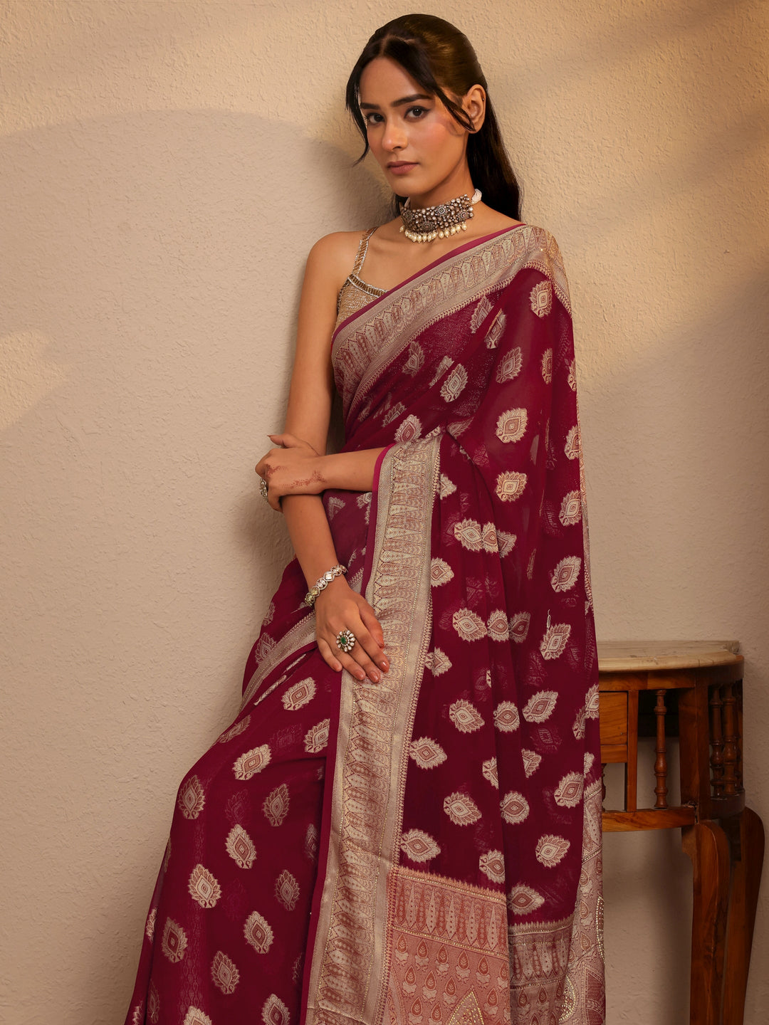  Maroon Woven Design Chiffon Saree 