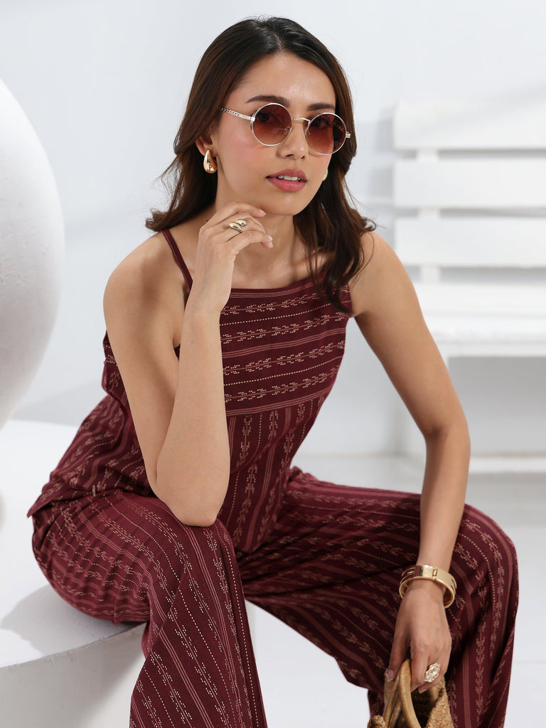 Libas Maroon Woven Design Cotton Blend Co-Ord Set