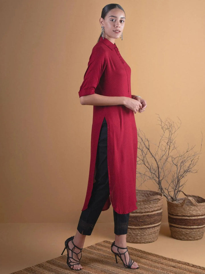 Maroon Woven Design Rayon Kurta - Libas