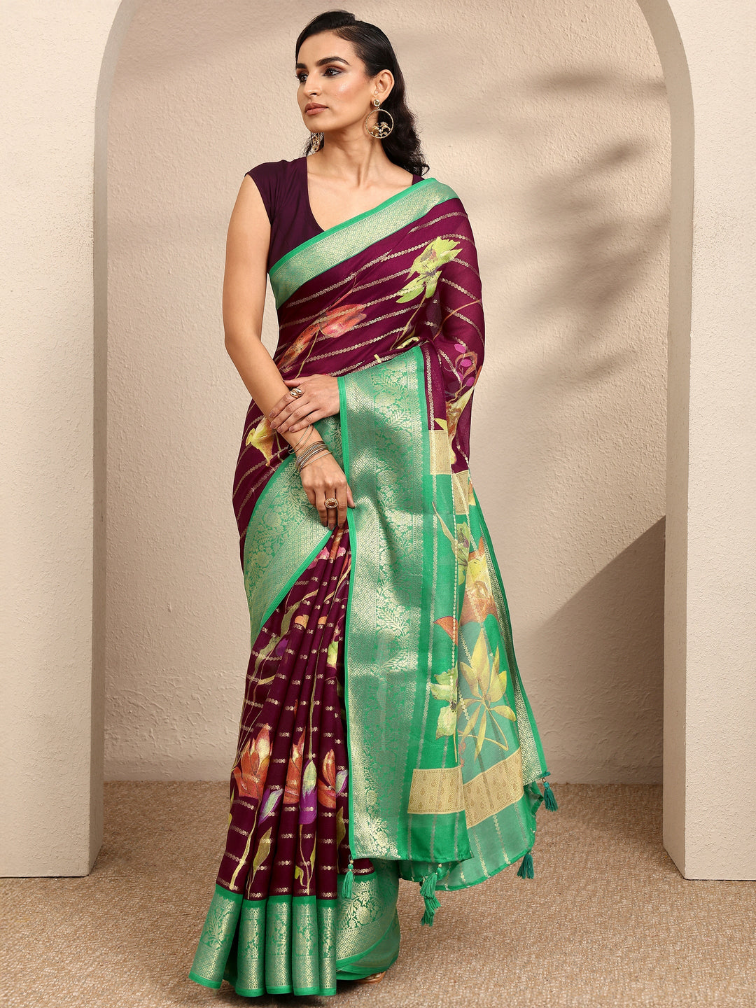 Maroon Woven Design Silk Blend Saree With Unstitched Blouse Piece