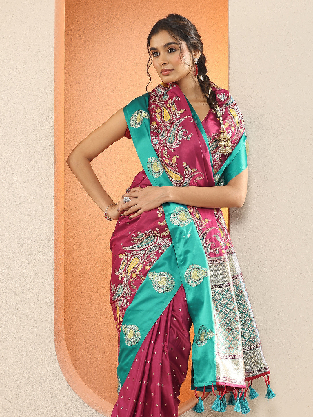  Maroon Woven Design Silk Blend Sarees With Unstitched Blouse Piece 