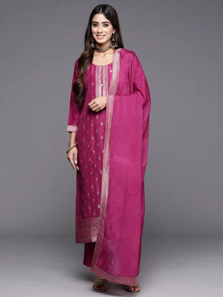 Maroon Woven Design Silk Blend Straight Kurta With Trousers & Dupatta - Libas