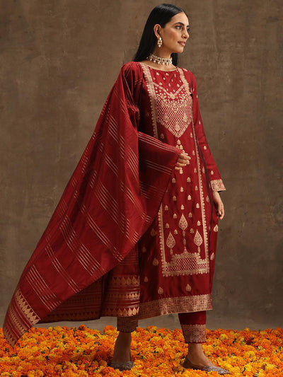Maroon Woven Design Silk Blend Straight Suit Set With Trousers - Libas
