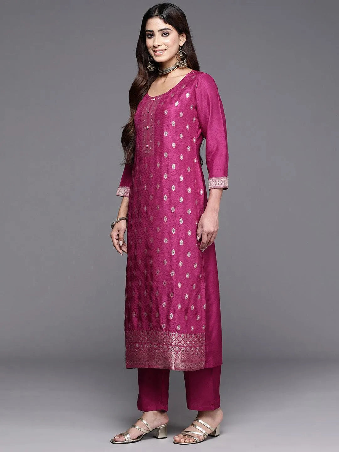 Maroon Woven Design Silk Blend Straight Kurta With Trousers & Dupatta - Libas 