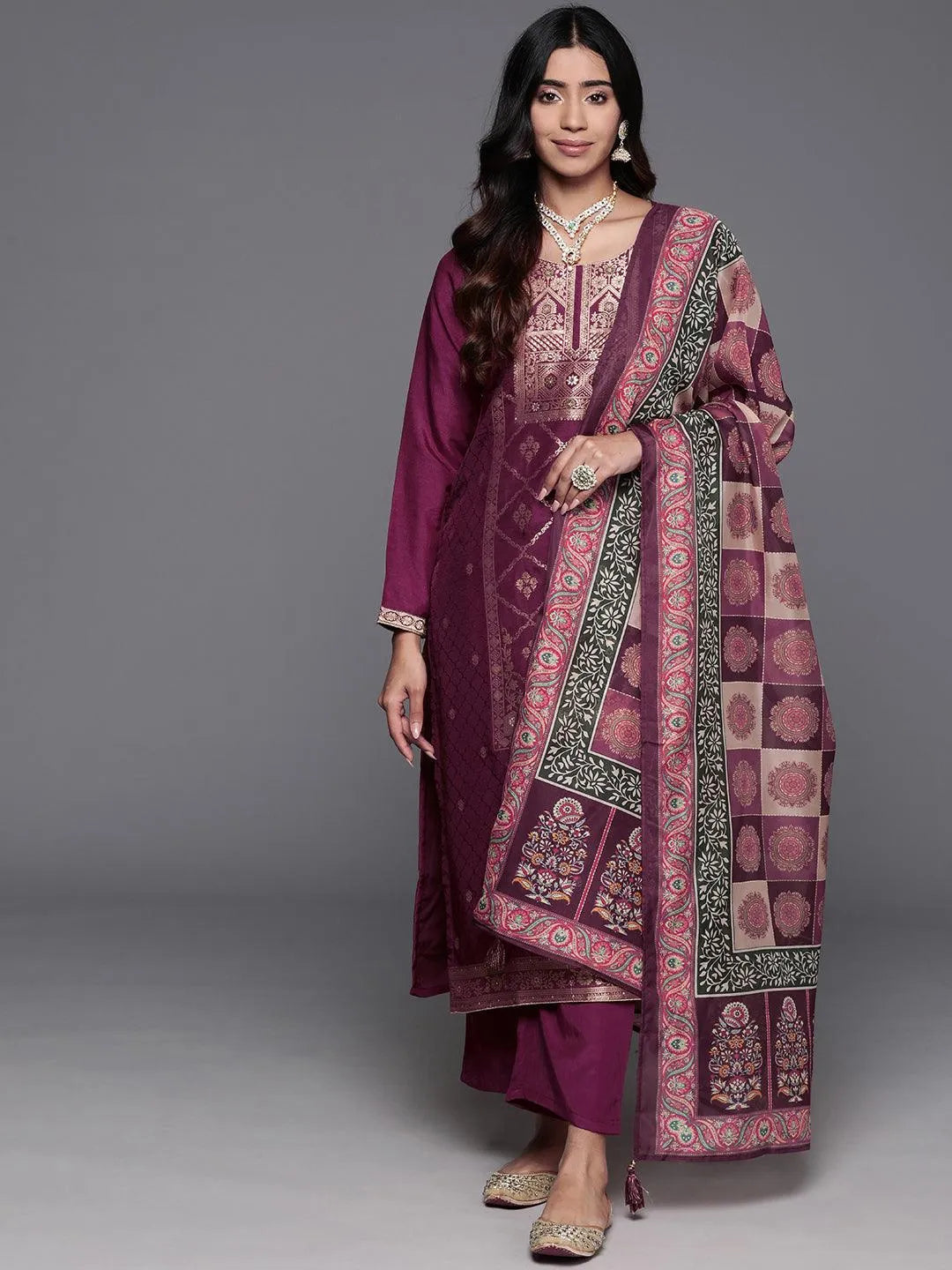 Maroon Woven Design Silk Blend Straight Kurta With Trousers & Dupatta - Libas 