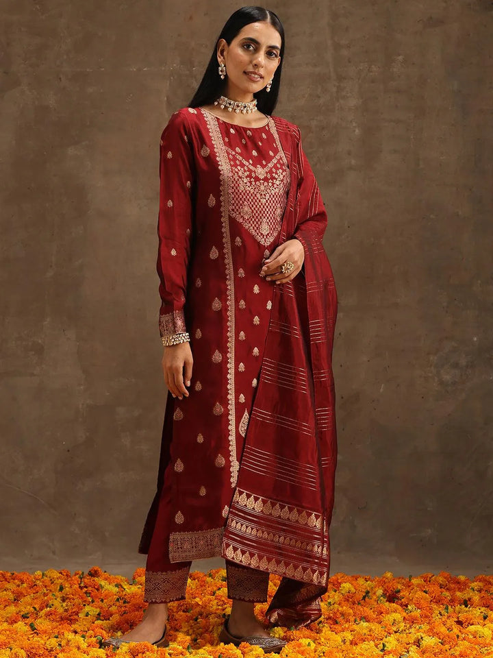 Maroon Woven Design Silk Blend Straight Suit Set With Trousers - Libas