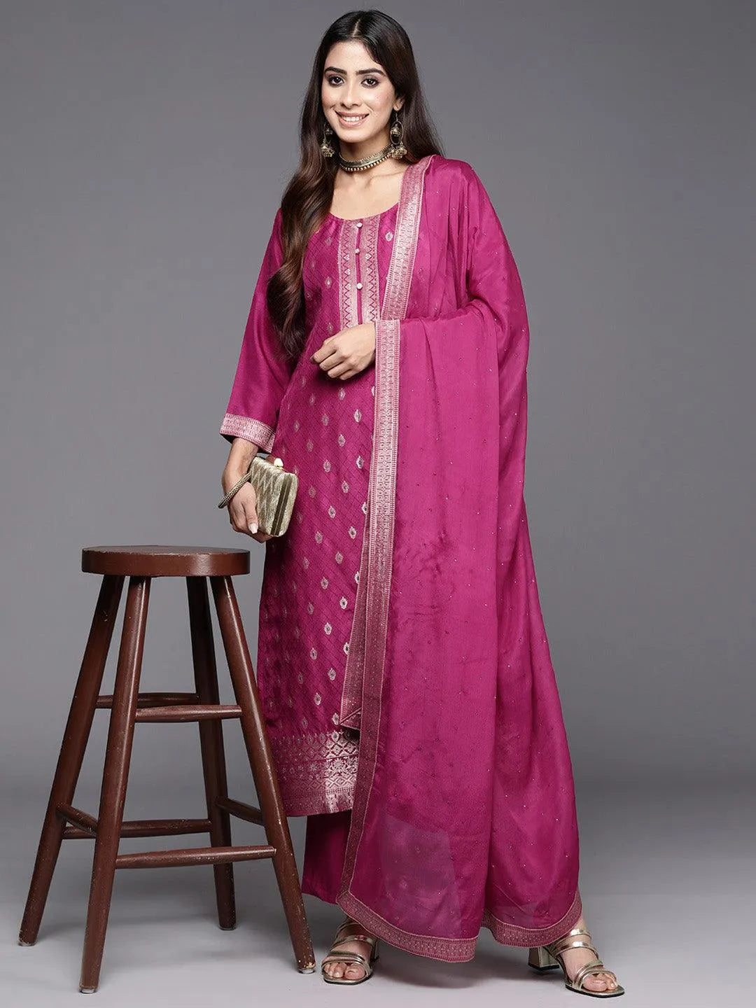 Maroon Woven Design Silk Blend Straight Kurta With Trousers & Dupatta - Libas