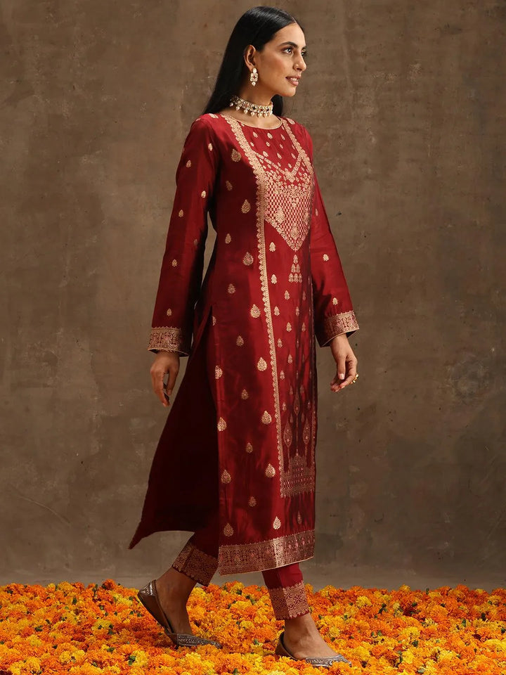 Maroon Woven Design Silk Blend Straight Suit Set With Trousers - Libas