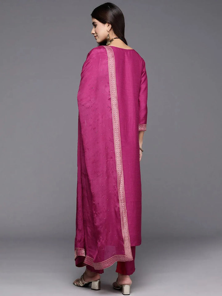 Maroon Woven Design Silk Blend Straight Kurta With Trousers & Dupatta - Libas