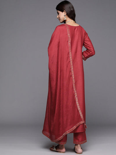 Maroon Woven Design Silk Blend Straight Kurta With Trousers & Dupatta - Libas
