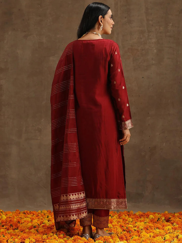 Maroon Woven Design Silk Blend Straight Suit Set With Trousers - Libas