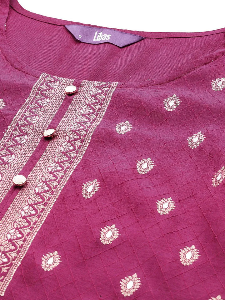 Maroon Woven Design Silk Blend Straight Kurta With Trousers & Dupatta - Libas