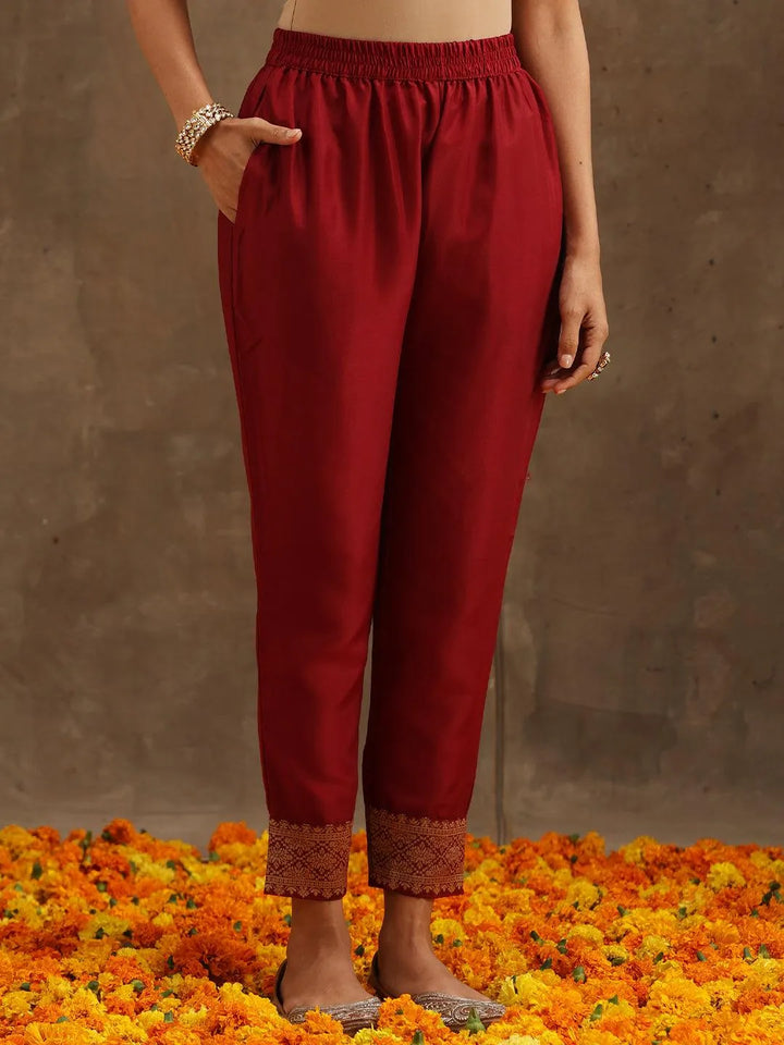 Maroon Woven Design Silk Blend Straight Suit Set With Trousers - Libas
