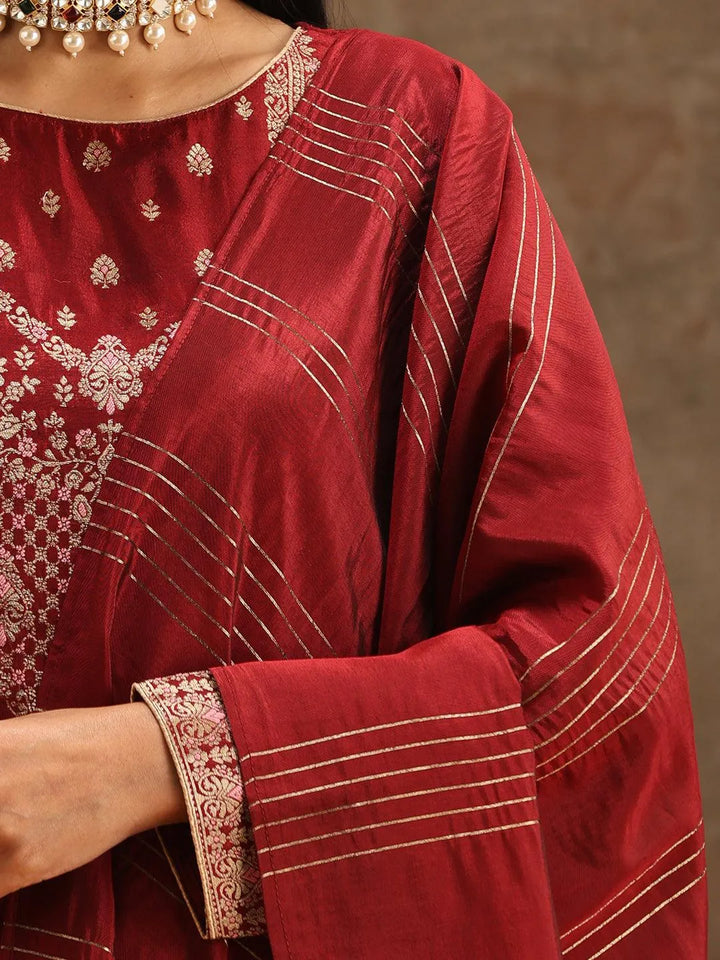 Maroon Woven Design Silk Blend Straight Suit Set With Trousers - Libas