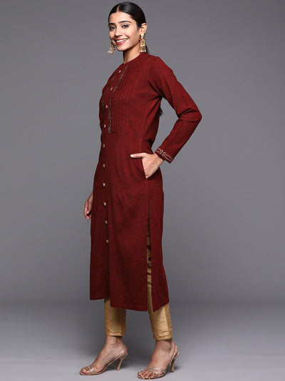 Maroon Woven Design Wool Straight Kurta - Libas