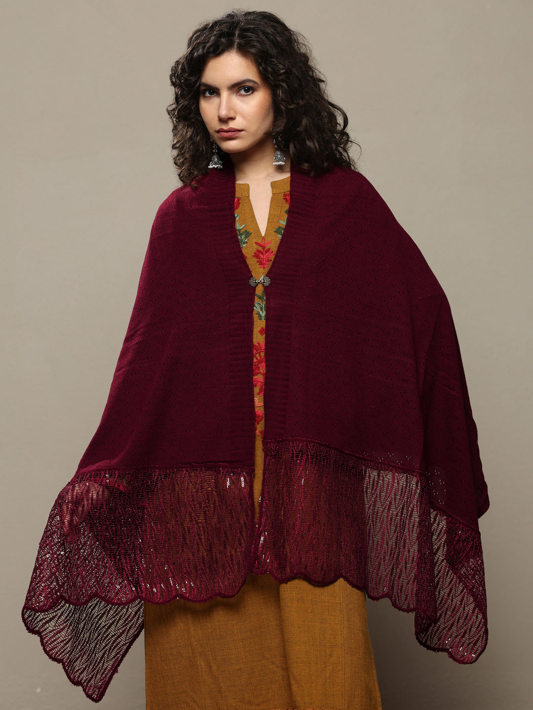 Maroon Woven Design Wool Women's Shawl