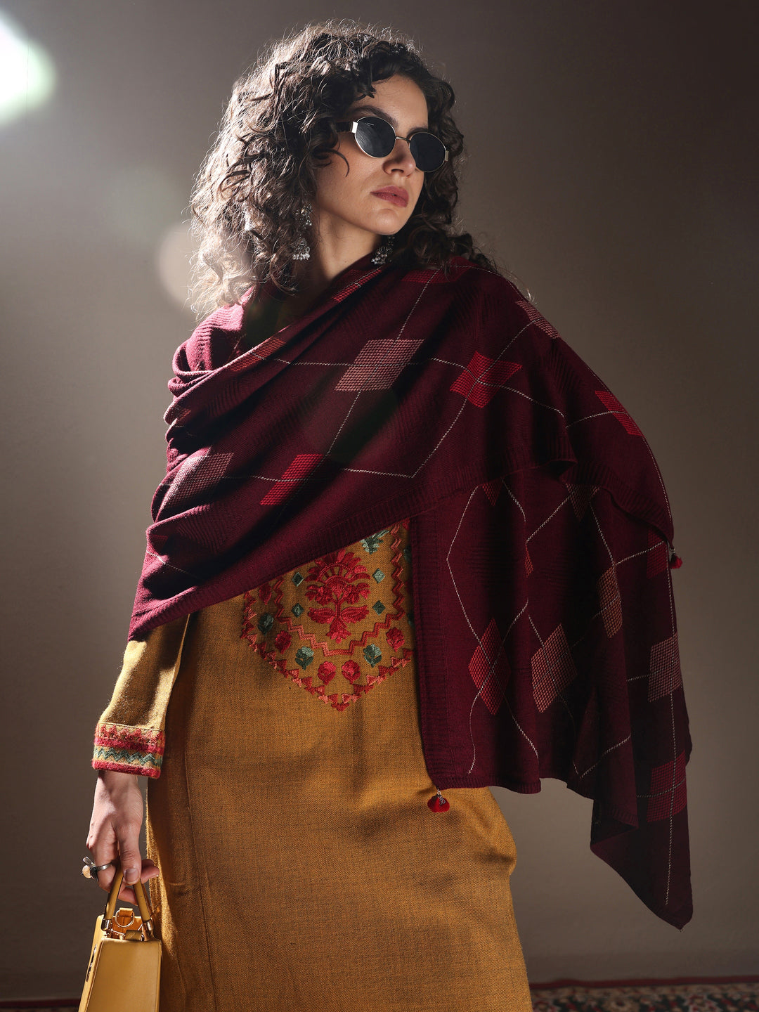 Maroon Woven Design Wool Women's Shawl