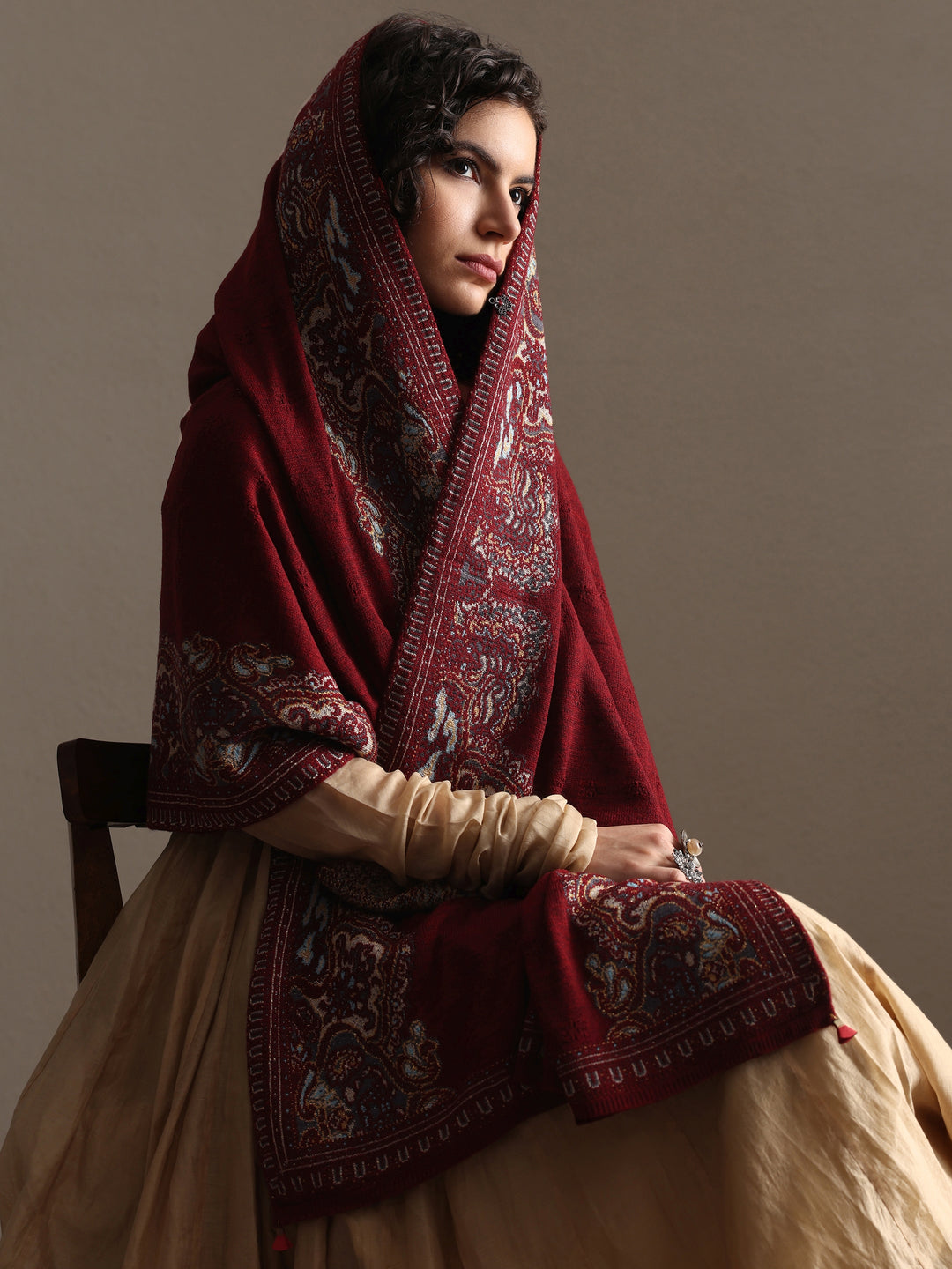 Maroon Woven Design Wool Women's Shawl