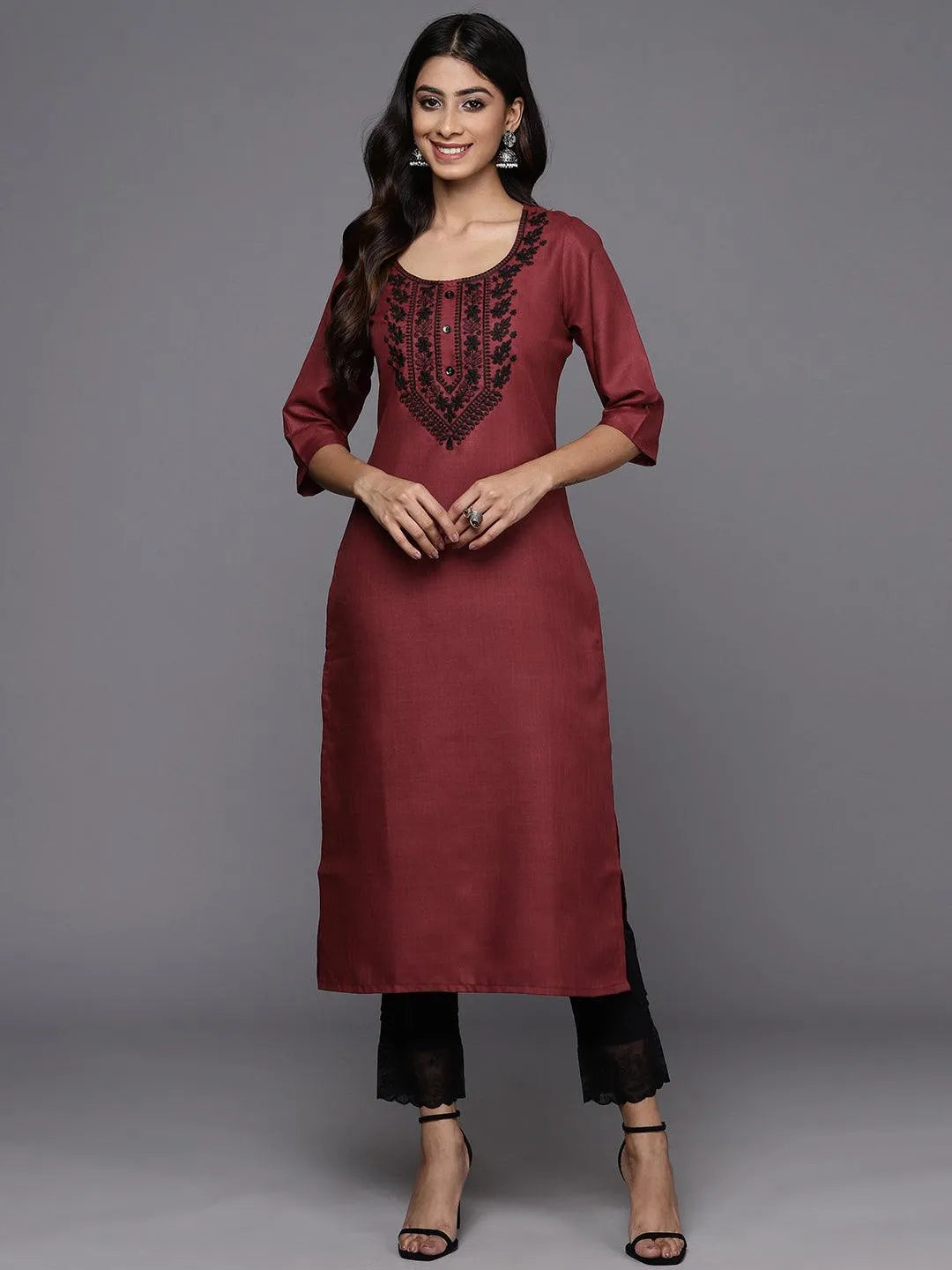 Maroon Yoke Design Cotton Straight Kurta - Libas 