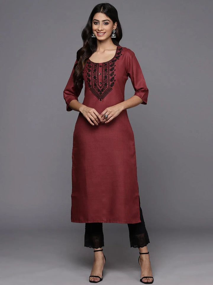 Maroon Yoke Design Cotton Straight Kurta - Libas