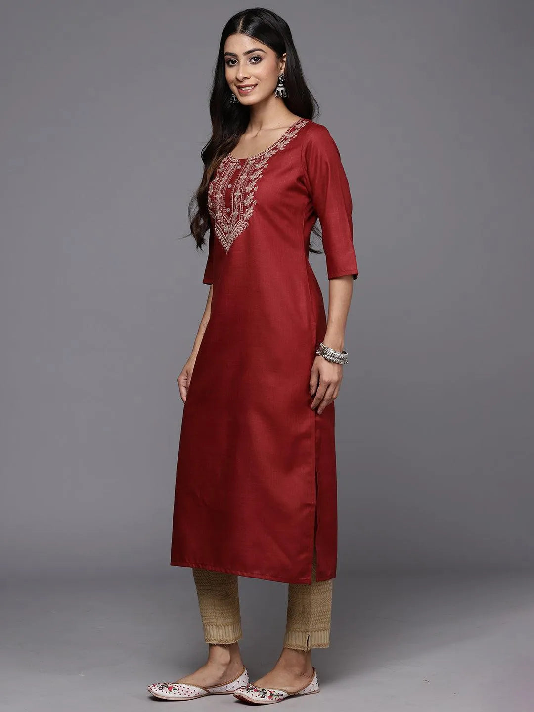 Maroon Yoke Design Cotton Straight Kurta - Libas 