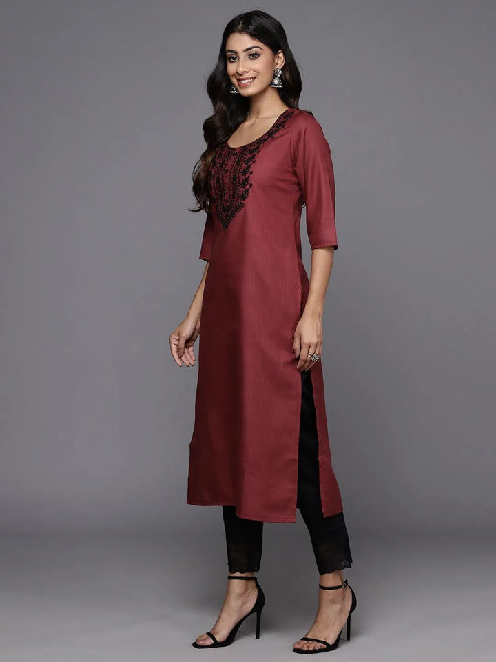 Maroon Yoke Design Cotton Straight Kurta - Libas