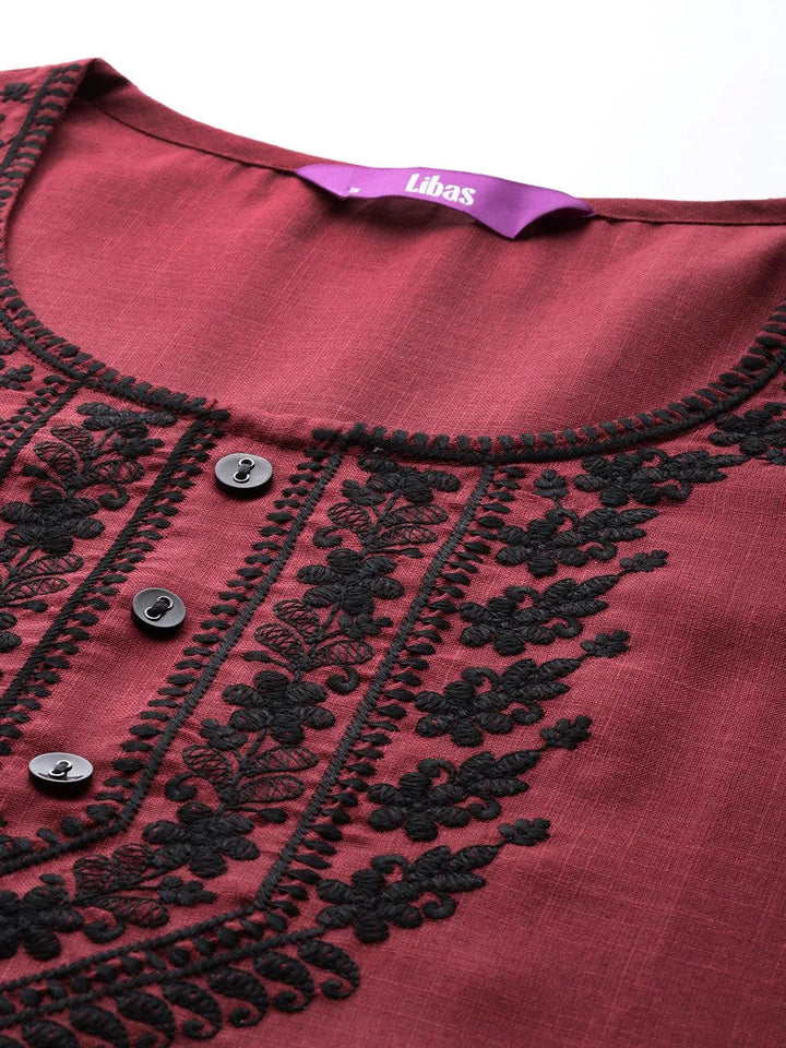 Maroon Yoke Design Cotton Straight Kurta - Libas