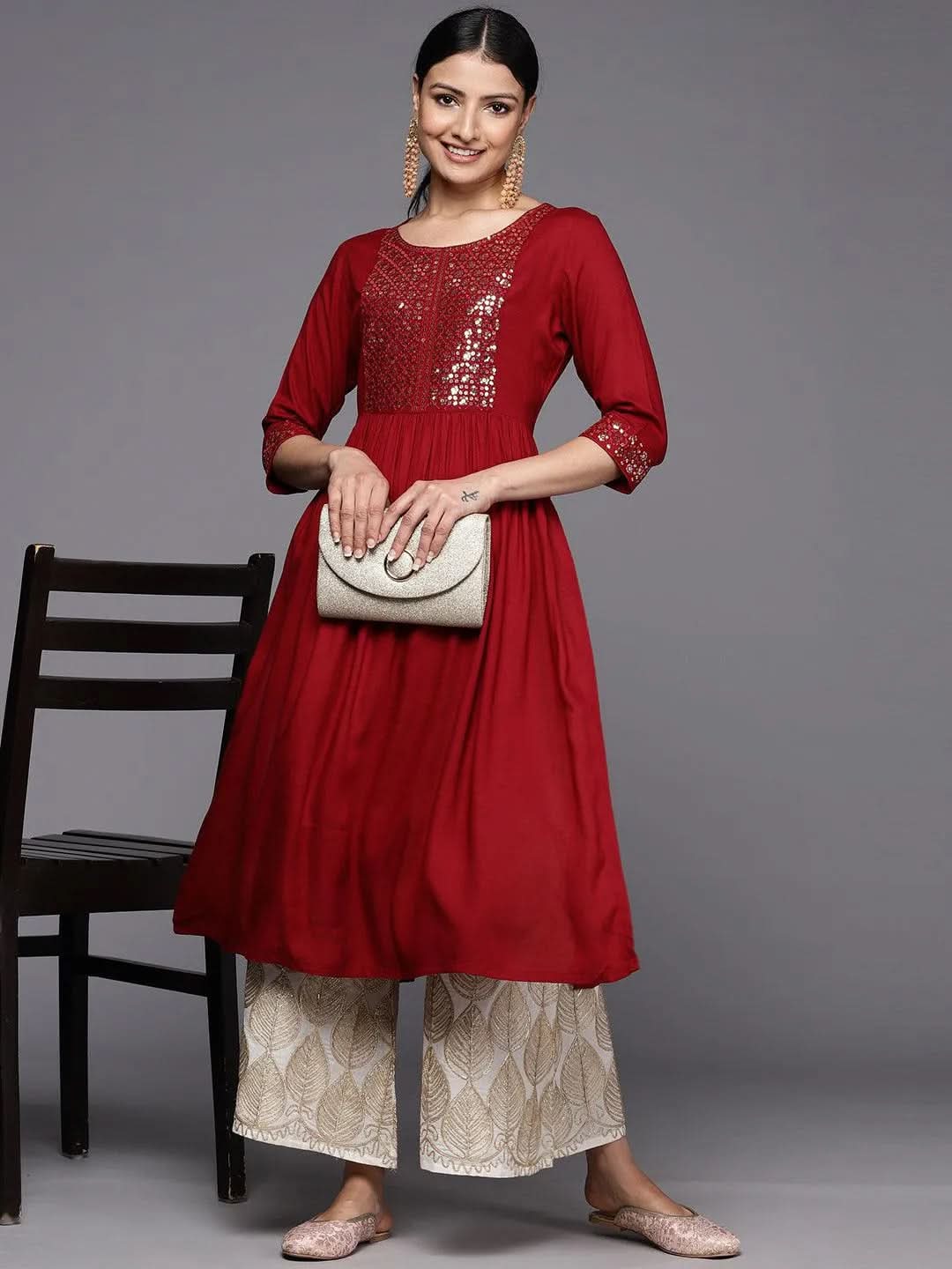 

Maroon Yoke Design Rayon A-Line Kurta