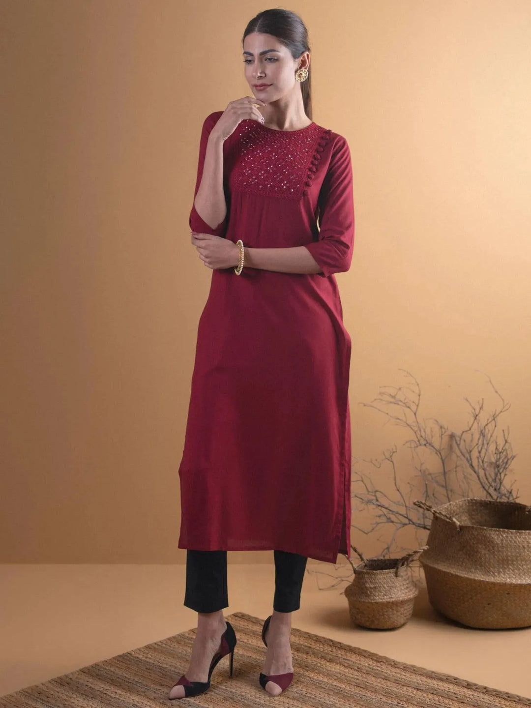 Maroon Yoke Design Rayon Kurta - Libas 