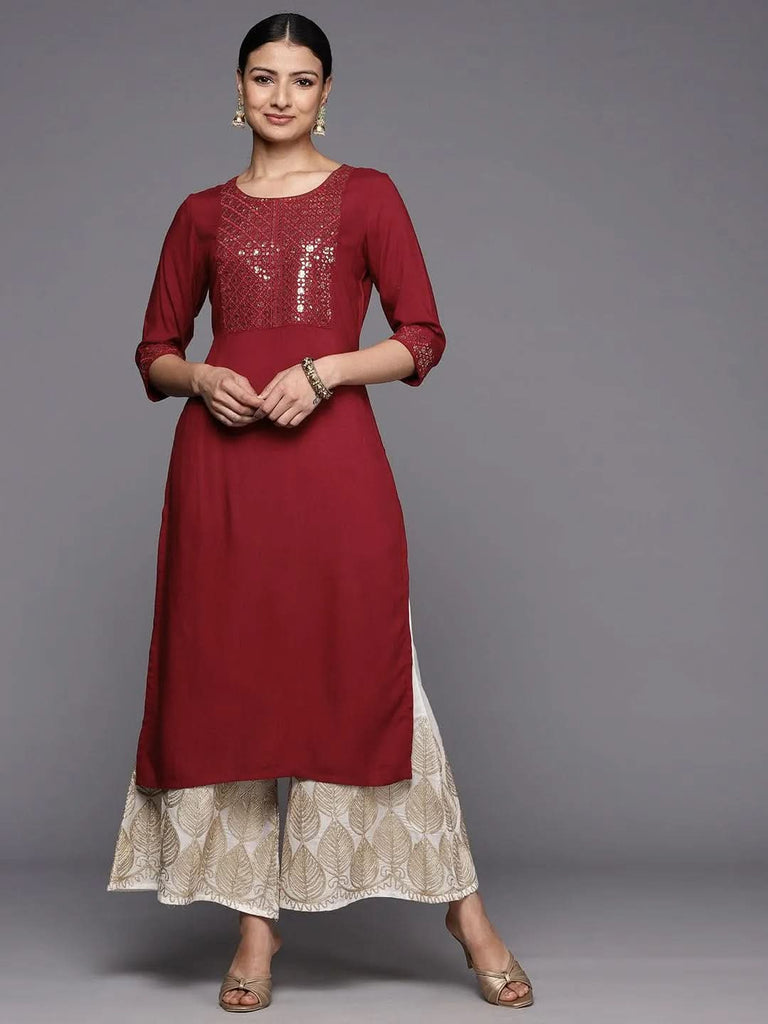 Libas Maroon Yoke Design Rayon Straight Kurta