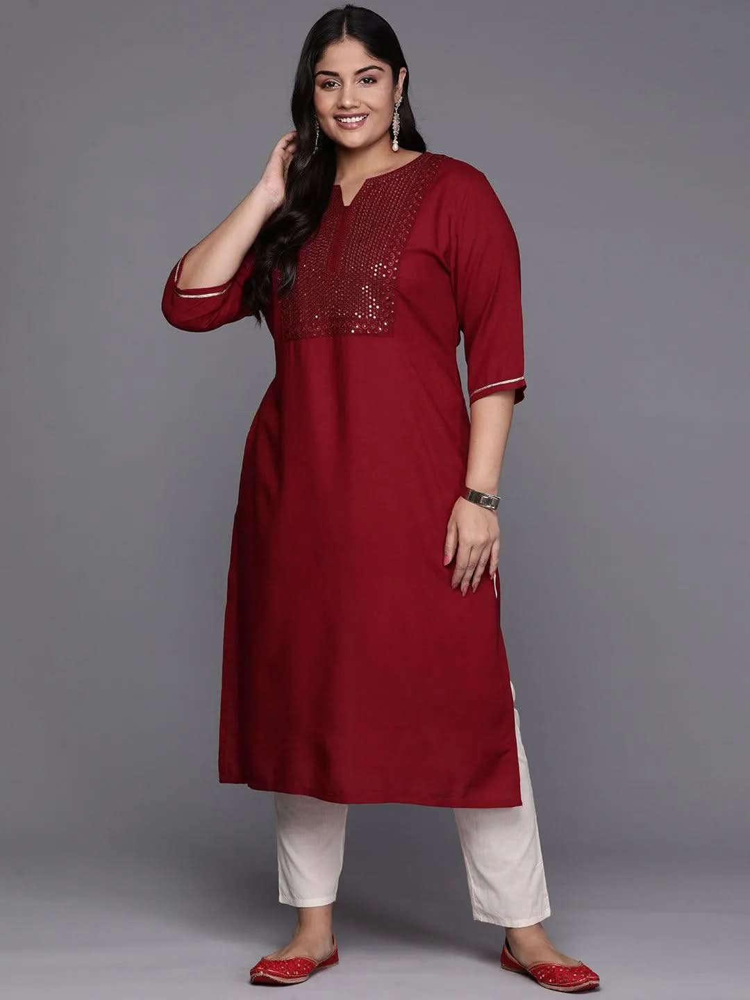 Maroon Yoke Design Rayon Straight Kurta - Libas 