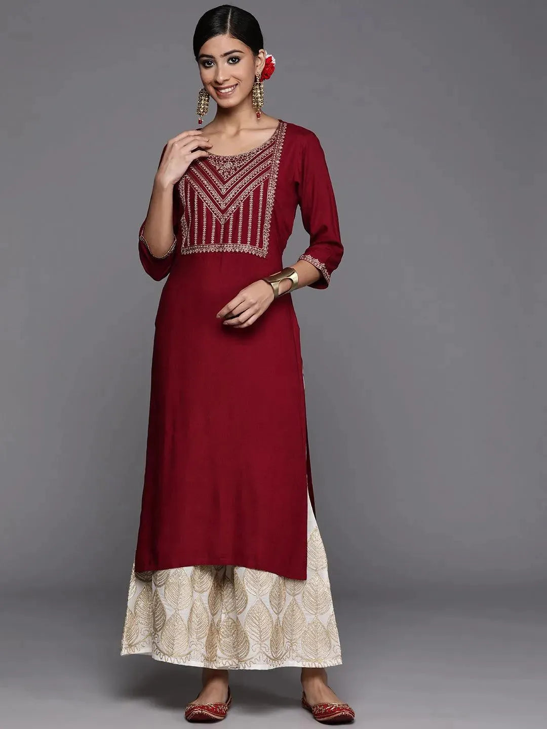 Maroon Yoke Design Rayon Straight Kurta - Libas 