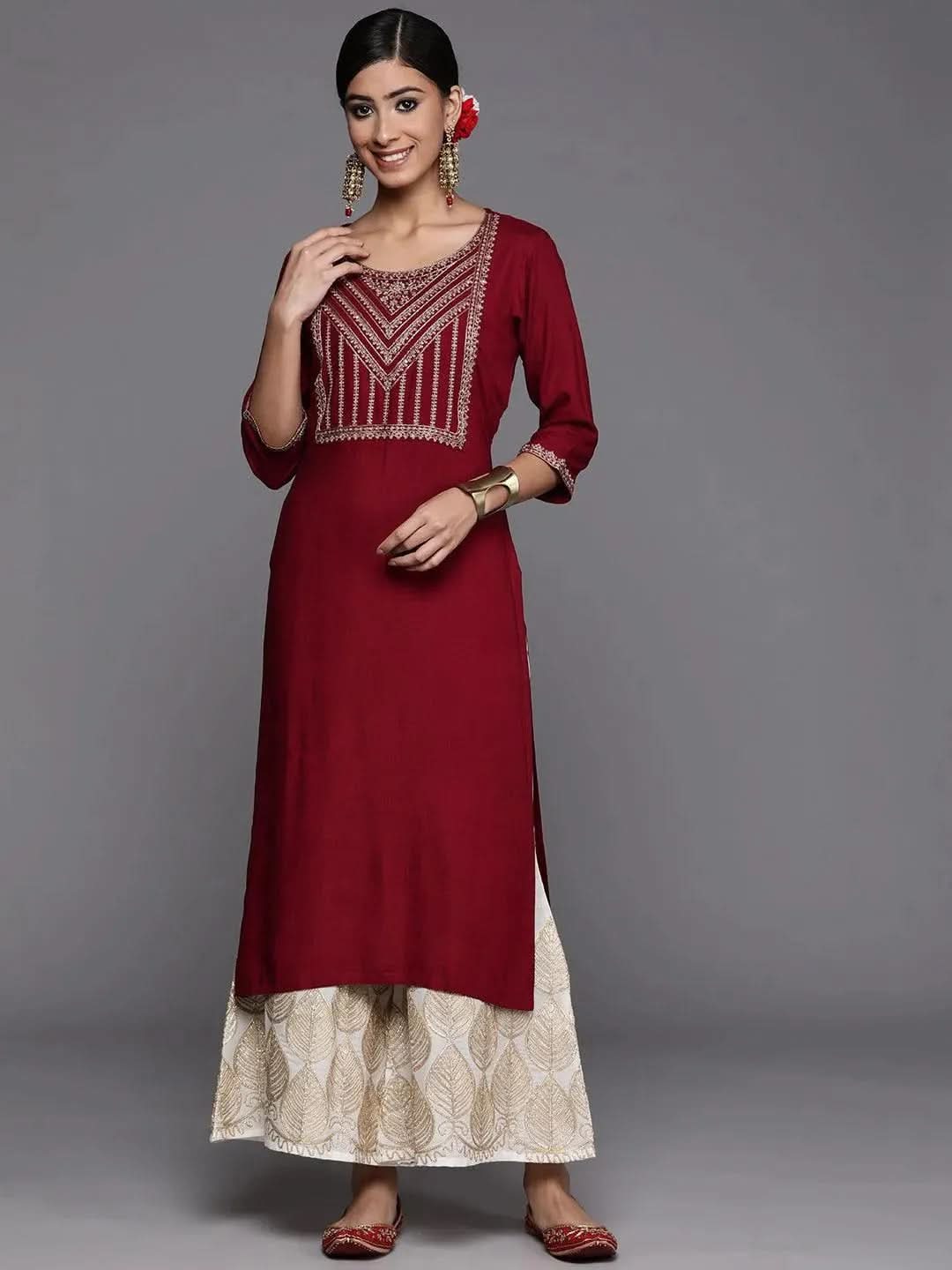 

Maroon Yoke Design Rayon Straight Kurta